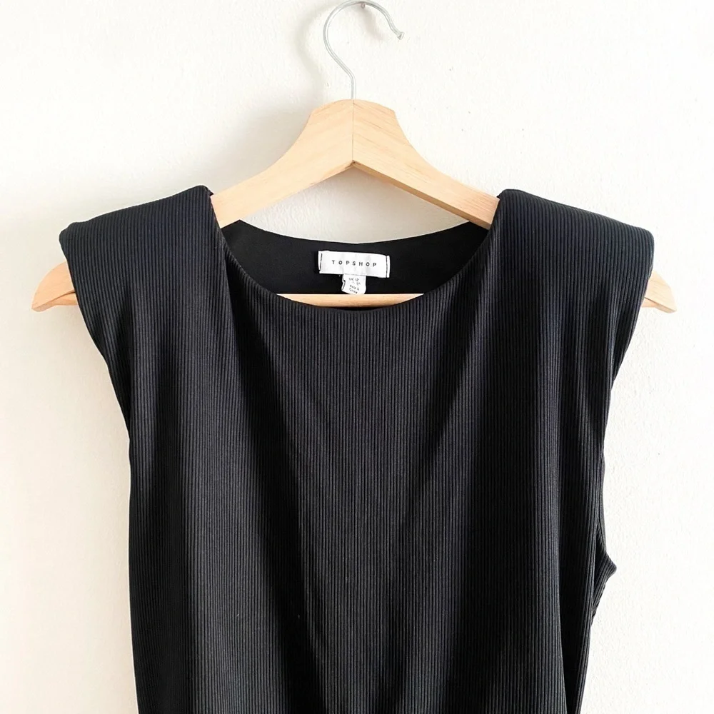 Topshop | Ruched Shoulder Pad Black Sleeveless Dress | Size 8 - Picture 5 of 11